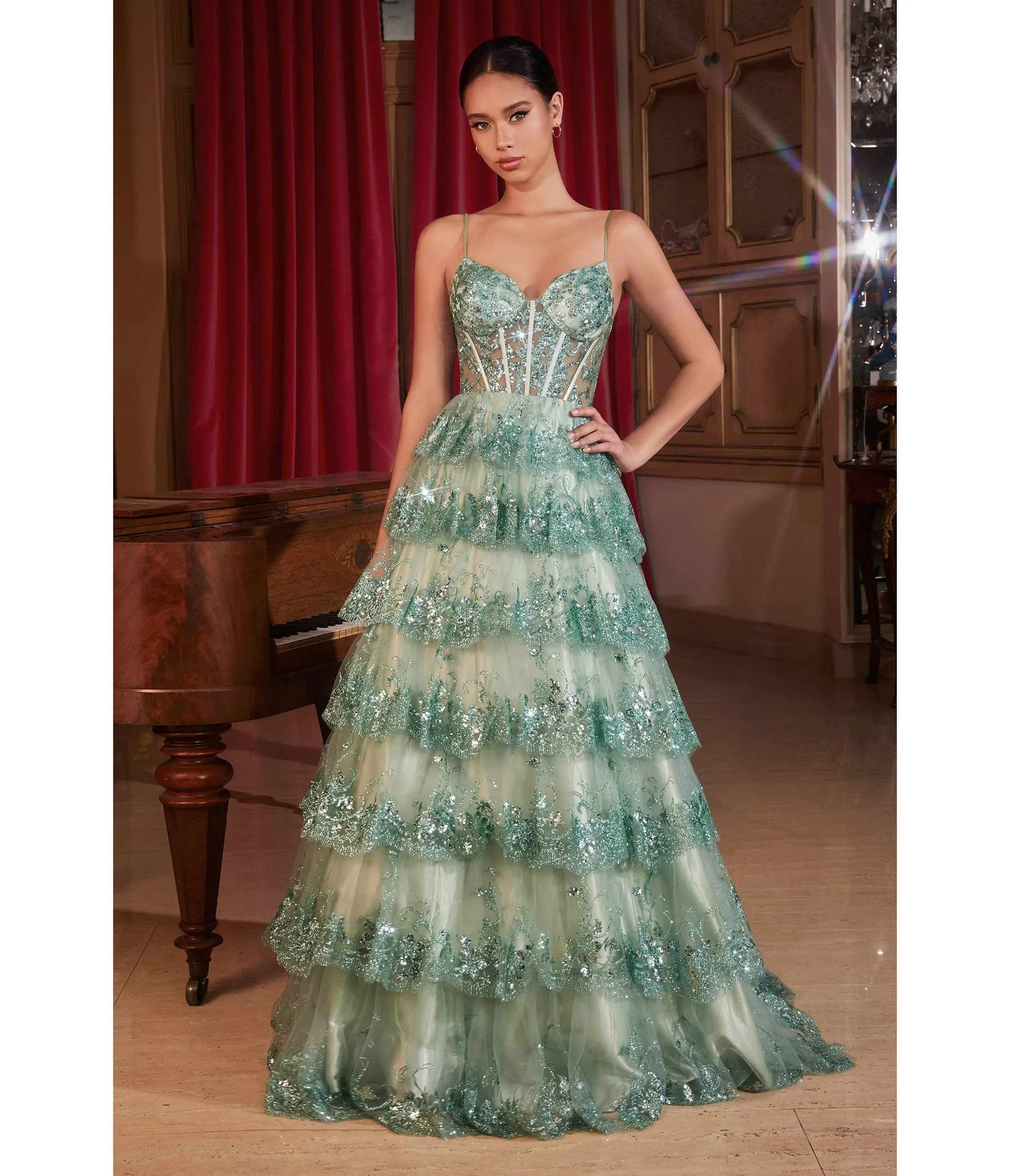 Sage Sparkle Tiered Prom Dress