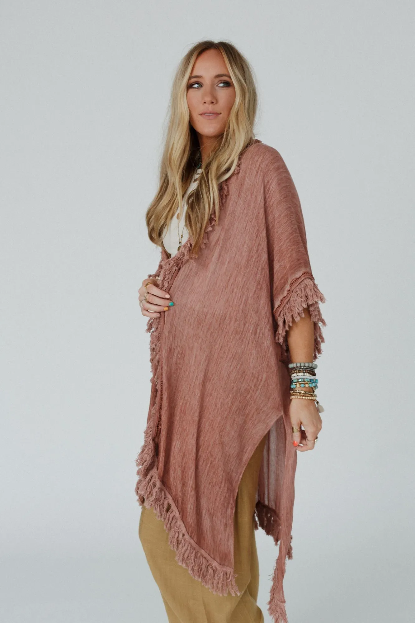 Rose Clay Fringe Kimono On The Edge