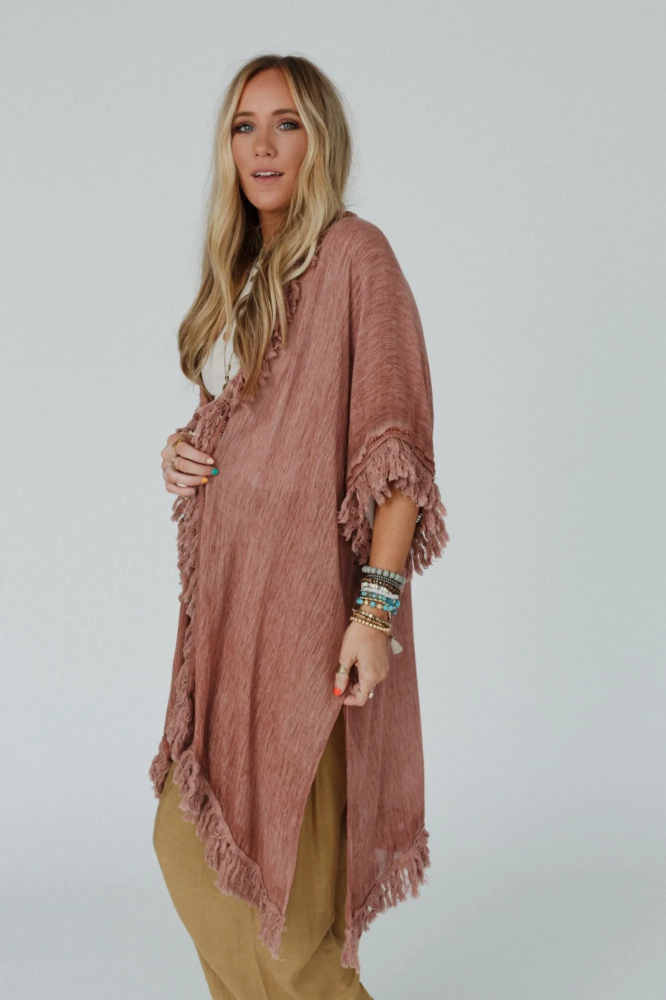 Rose Clay Fringe Kimono On The Edge