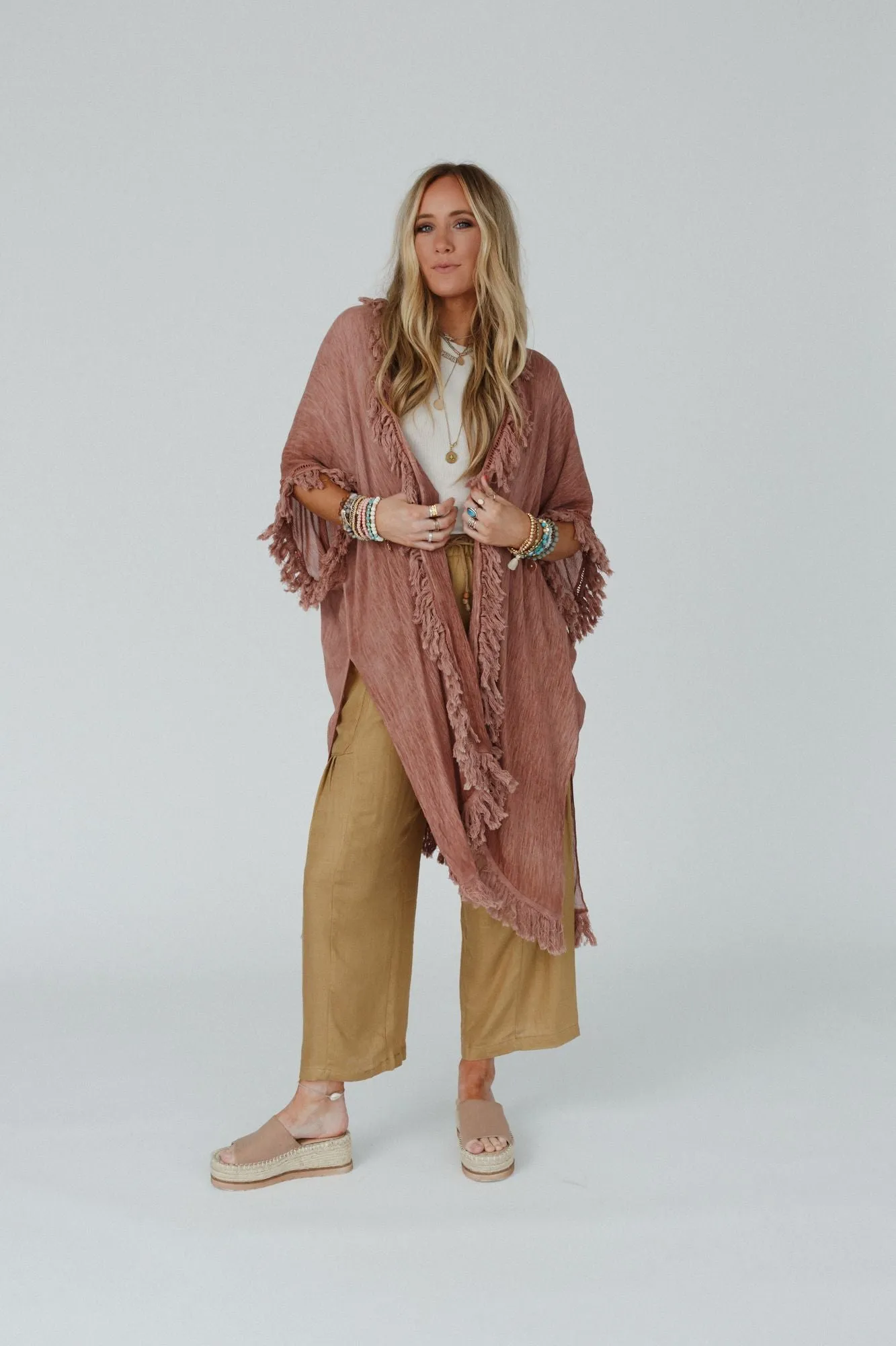 Rose Clay Fringe Kimono On The Edge