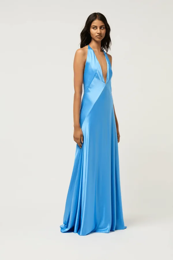 Sky Blue Alexandra Silk Satin Maxi Dress