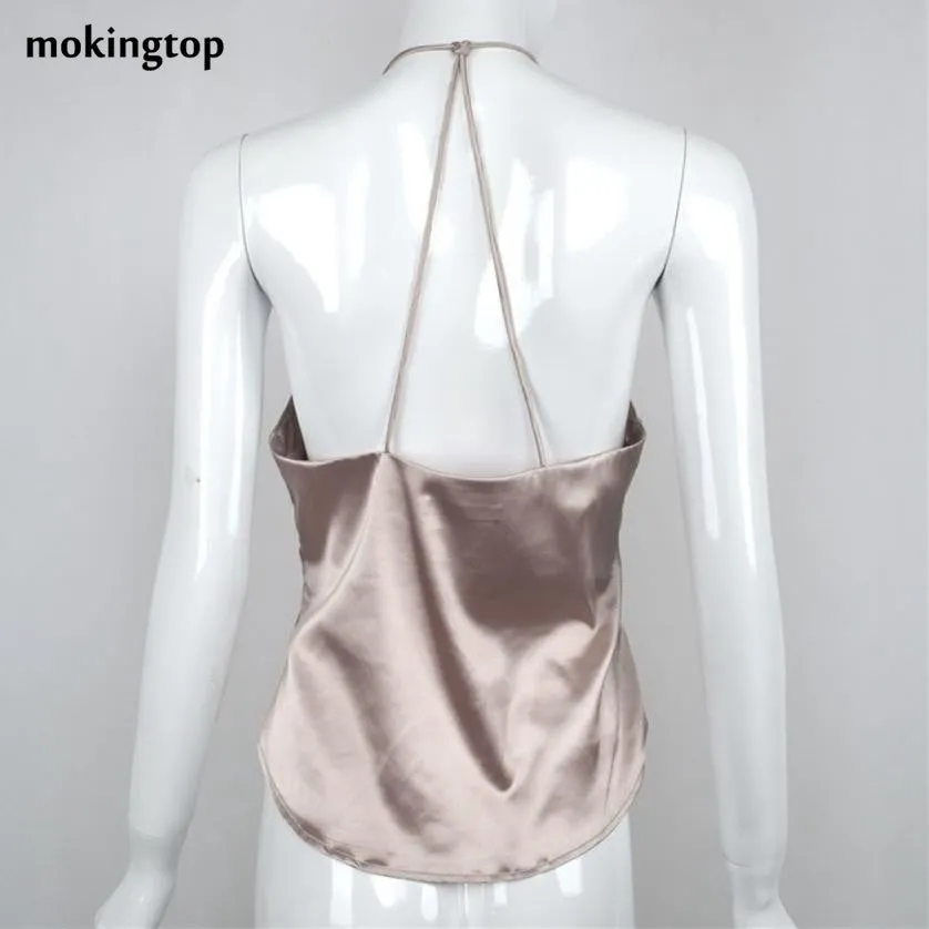 Sleek Silk Camisoles Backless Halter Crop Tops Summer Style Sexy Zijde Tank Top