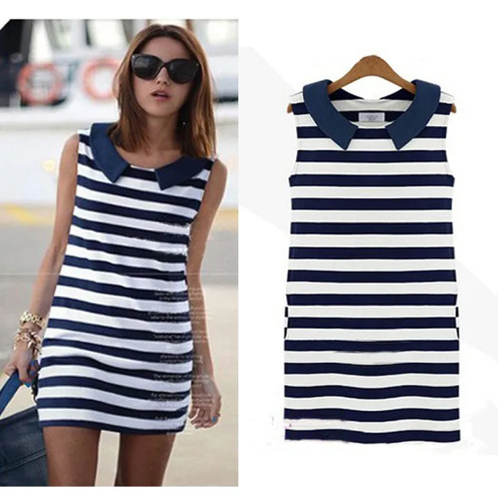 Sleeveless Casual Korean Denim Dress with Peter Pan Collar and Stripes