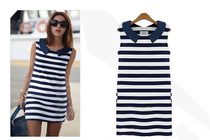 Sleeveless Casual Korean Denim Dress with Peter Pan Collar and Stripes