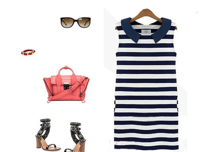 Sleeveless Casual Korean Denim Dress with Peter Pan Collar and Stripes