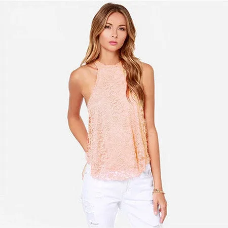 Solid Top Casual Halter Top Women Cropped Blouses Vest Off Shoulder Sexy Tops OL Lady Lace Loose Tanks