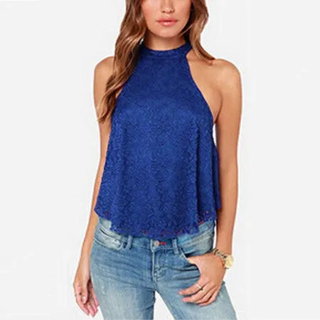 Solid Top Casual Halter Top Women Cropped Blouses Vest Off Shoulder Sexy Tops OL Lady Lace Loose Tanks