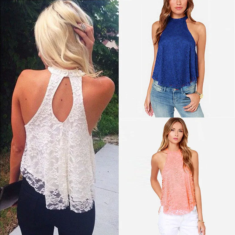 Solid Top Casual Halter Top Women Cropped Blouses Vest Off Shoulder Sexy Tops OL Lady Lace Loose Tanks