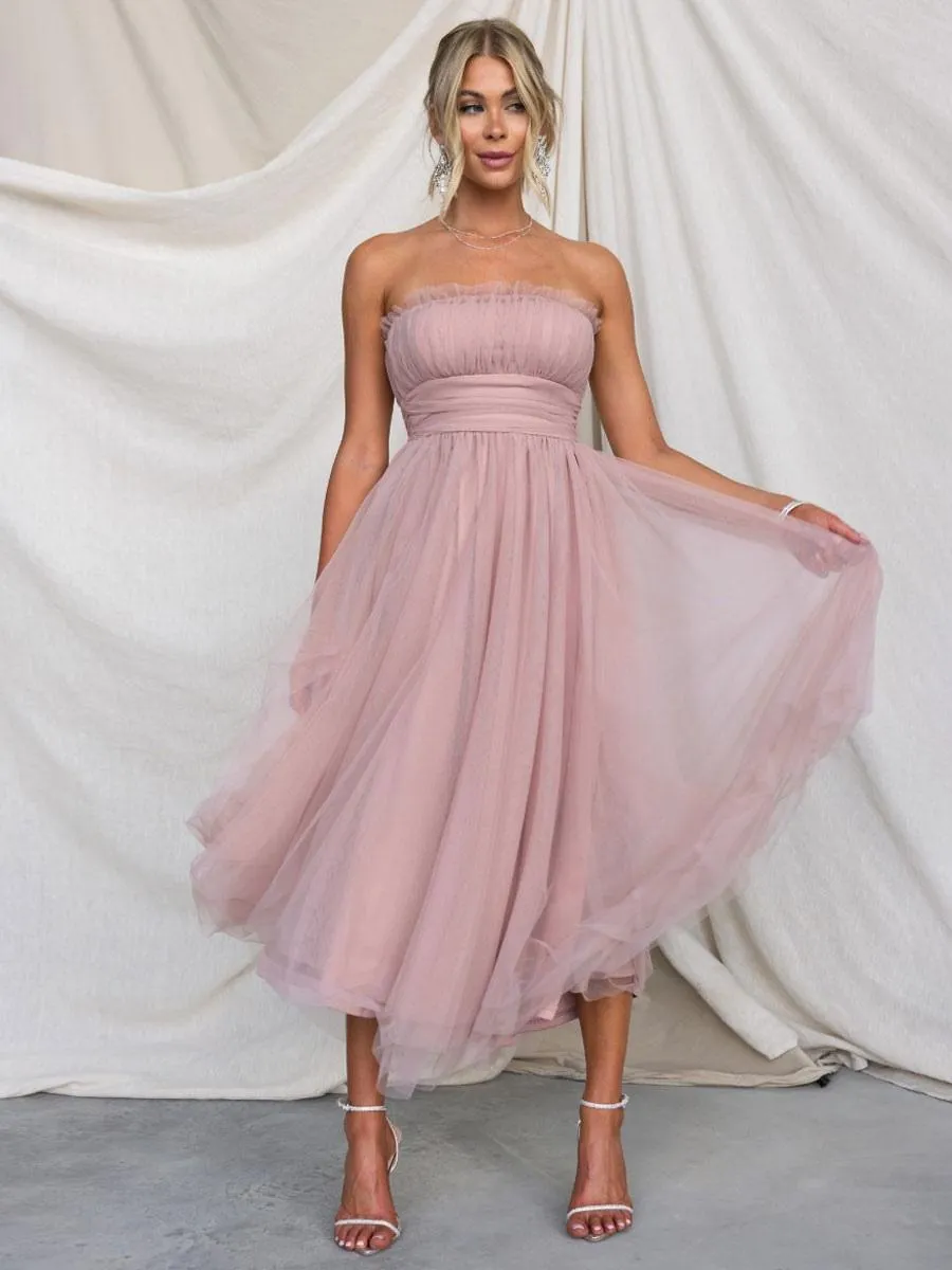 Strapless Tulle Prom Midi Dress with Pleated Off-The-Shoulder Layered Design