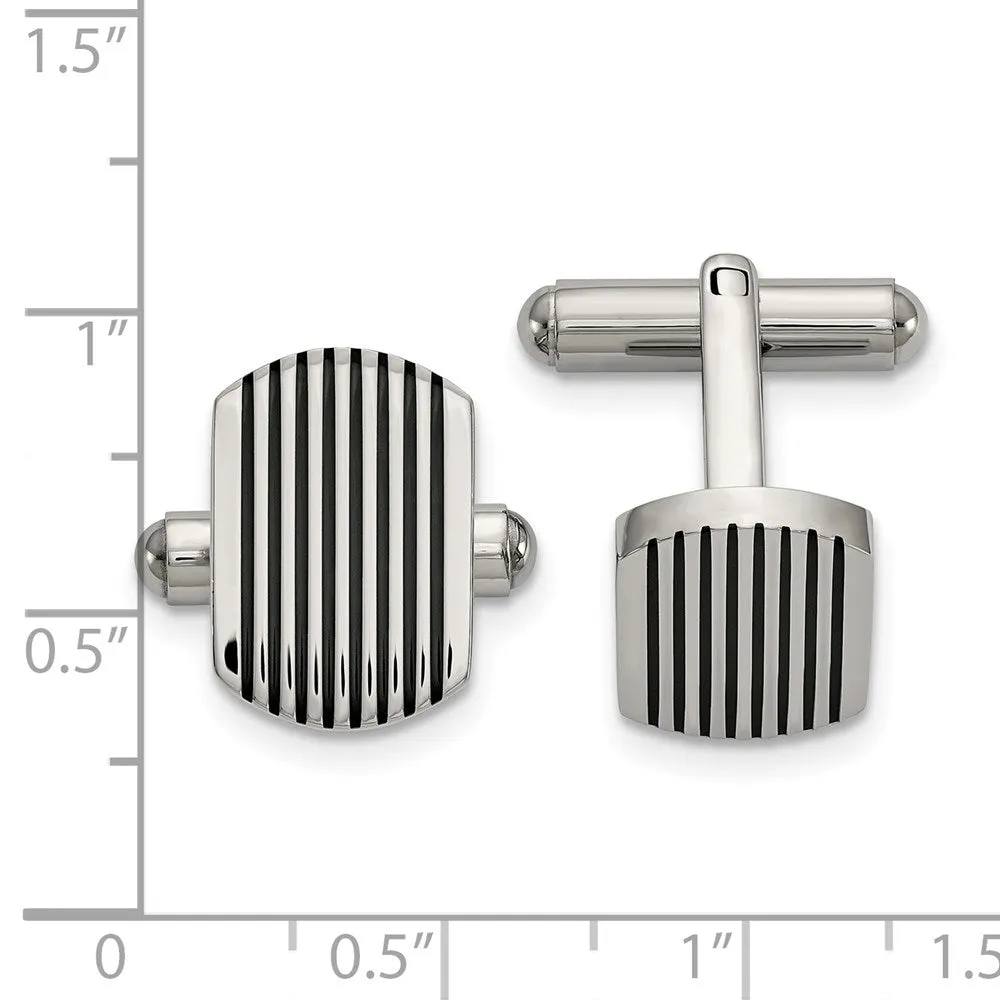 18 x 17mm Stainless Steel & Black Rubber Grooved Striped Cuff Links