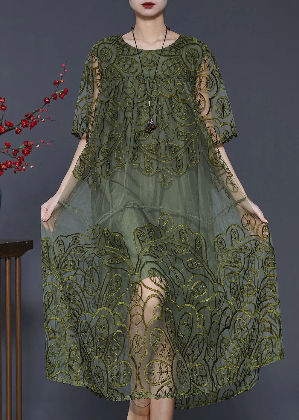 Summer Blackish Green Embroidered Tulle Dress;