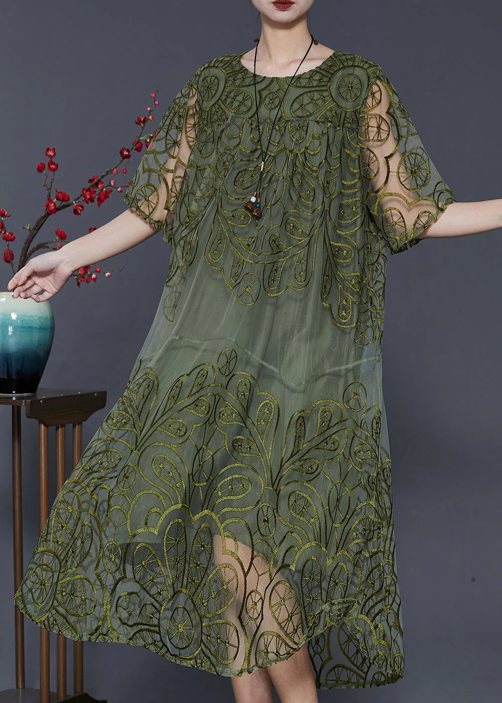 Summer Blackish Green Embroidered Tulle Dress;