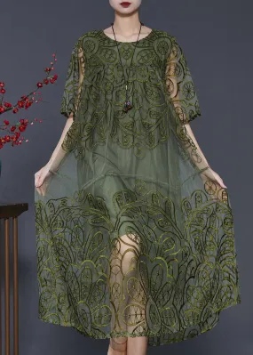 Summer Blackish Green Embroidered Tulle Dress;