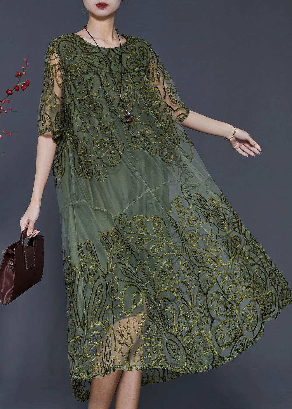 Summer Blackish Green Embroidered Tulle Dress;