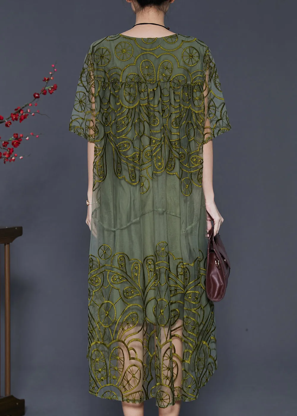 Summer Blackish Green Embroidered Tulle Dress;