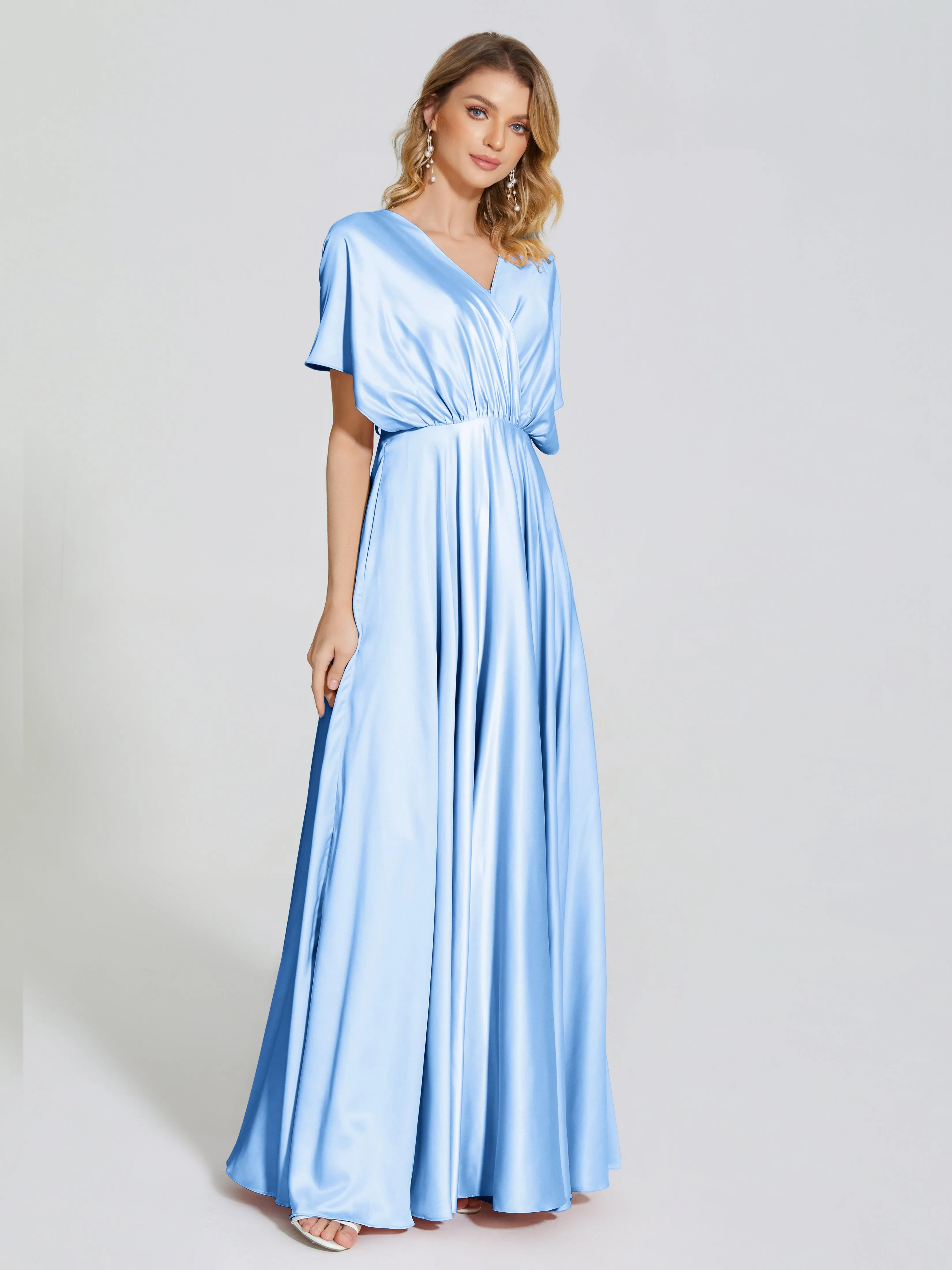 Sweet Satin V-Neck Short Sleeve Long Back Bridesmaid Dress