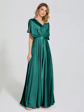 Sweet Satin V-Neck Short Sleeve Long Back Bridesmaid Dress