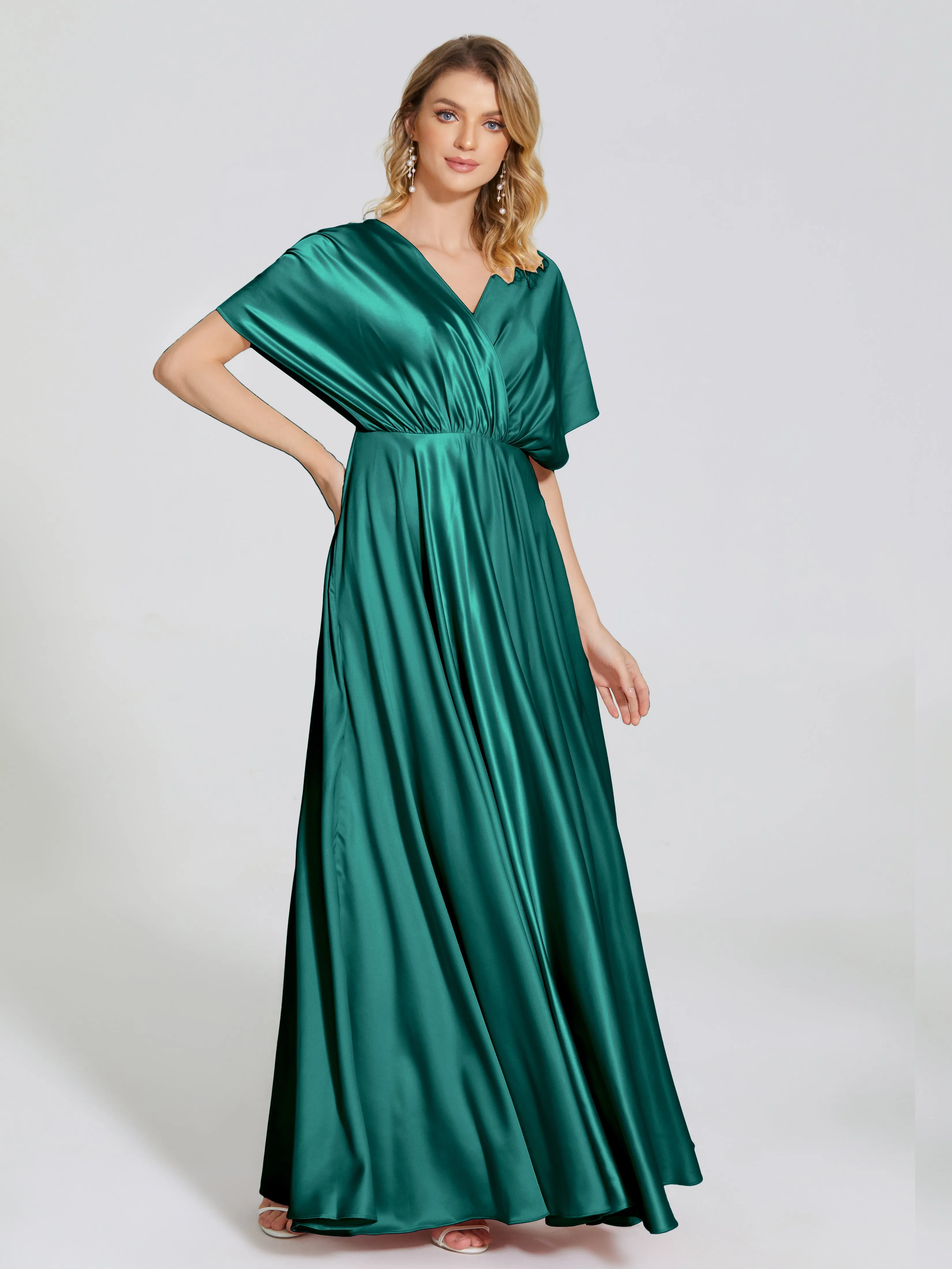 Sweet Satin V-Neck Short Sleeve Long Back Bridesmaid Dress