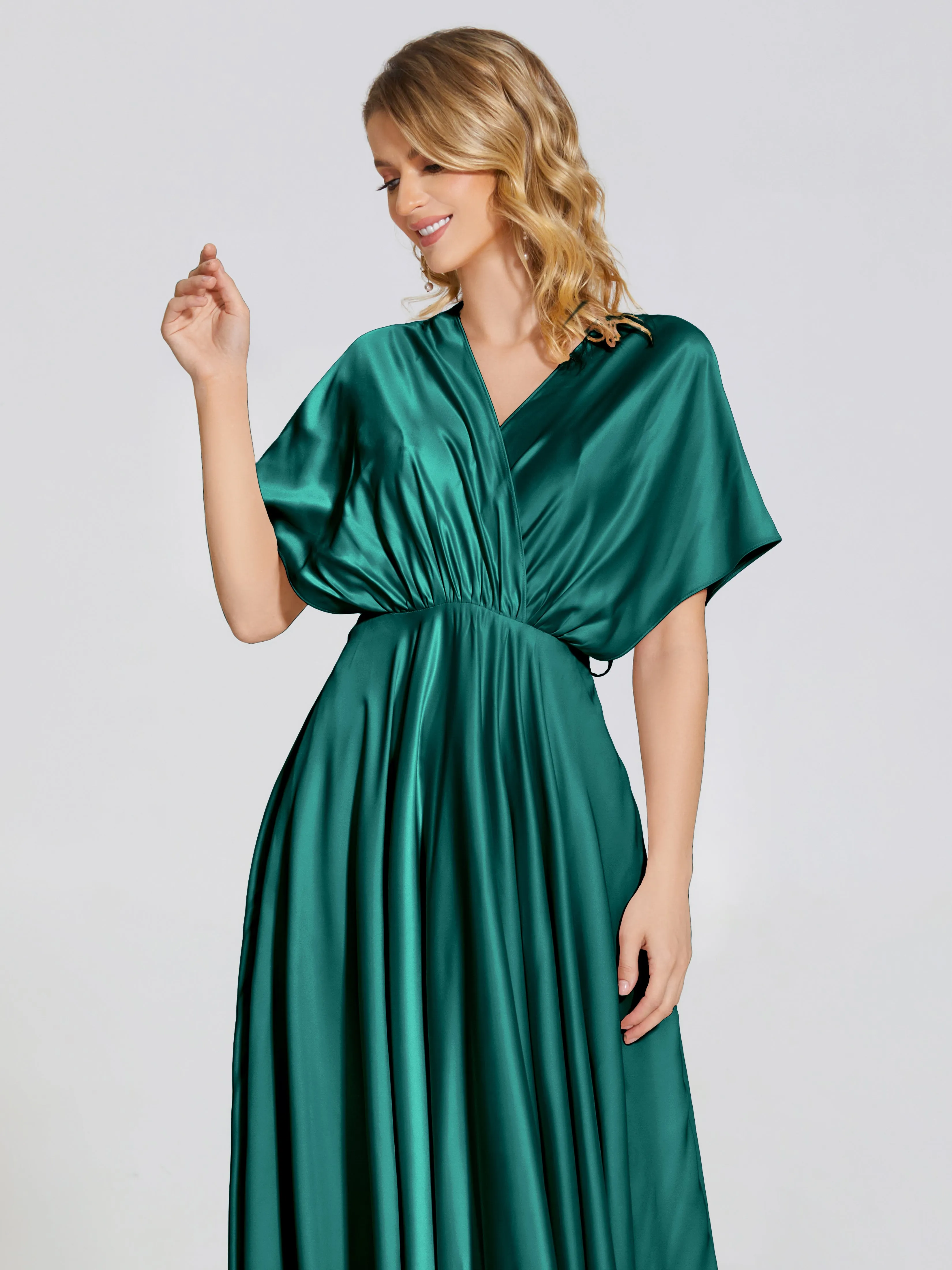 Sweet Satin V-Neck Short Sleeve Long Back Bridesmaid Dress