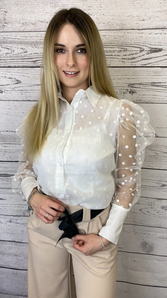 White Polka Dot Blouse with Tulle Puff Sleeves