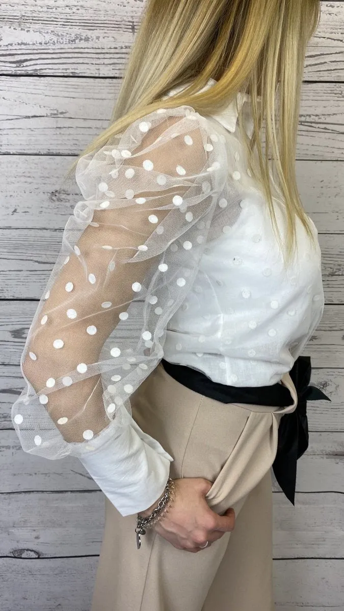 White Polka Dot Blouse with Tulle Puff Sleeves