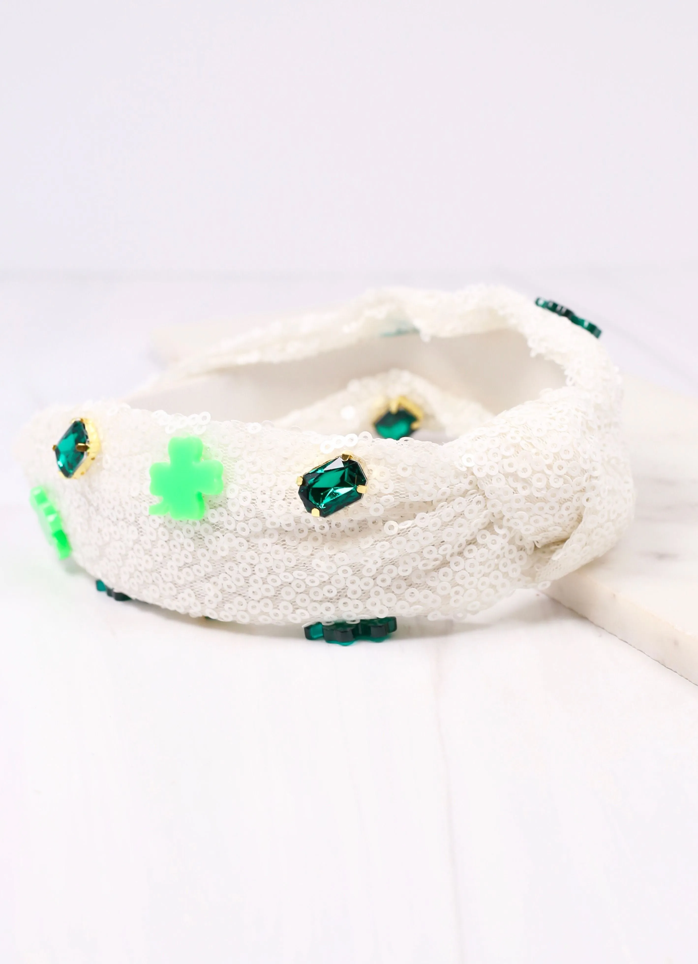 White Sequin Shamrock Headband