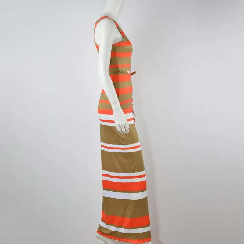 Boho Long Maxi Dress Sleeveless O Neck Evening Party Beach Striped Dress Sundress PY3 SM6