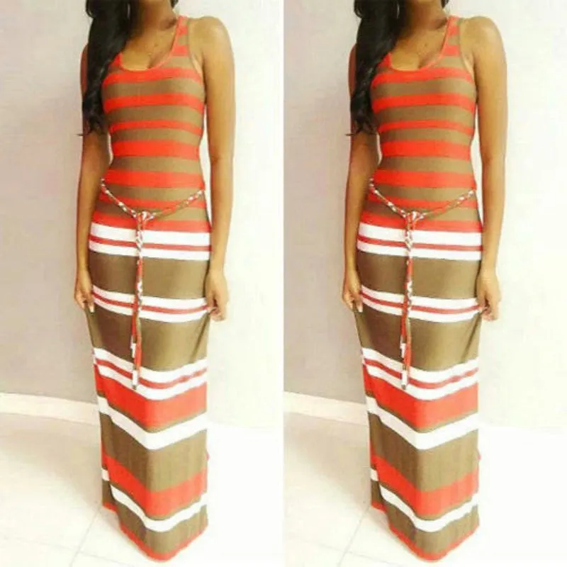 Boho Long Maxi Dress Sleeveless O Neck Evening Party Beach Striped Dress Sundress PY3 SM6