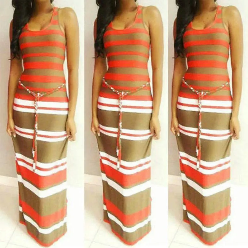 Boho Long Maxi Dress Sleeveless O Neck Evening Party Beach Striped Dress Sundress PY3 SM6