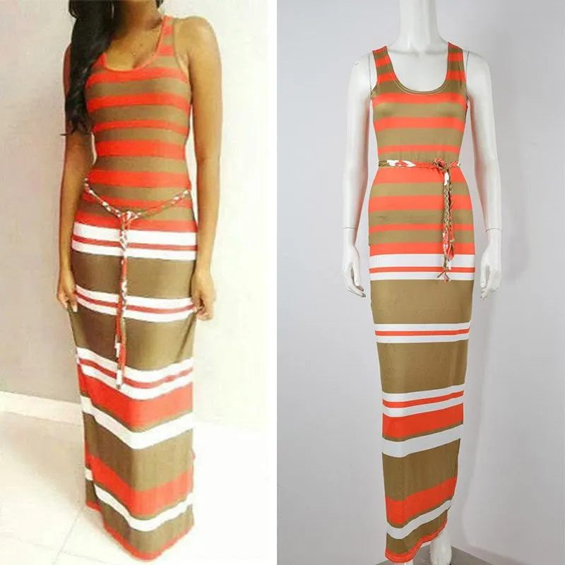 Boho Long Maxi Dress Sleeveless O Neck Evening Party Beach Striped Dress Sundress PY3 SM6