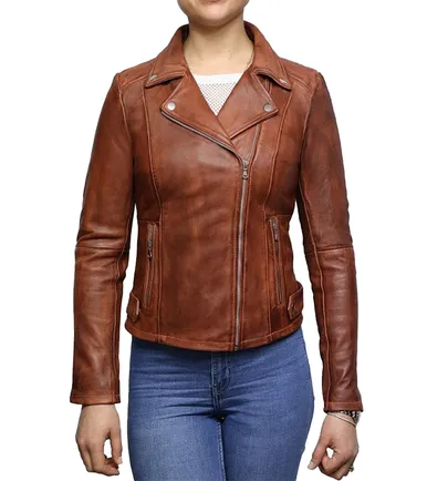 Womens Lambskin Leather Slim Fit Brown Biker Jacket