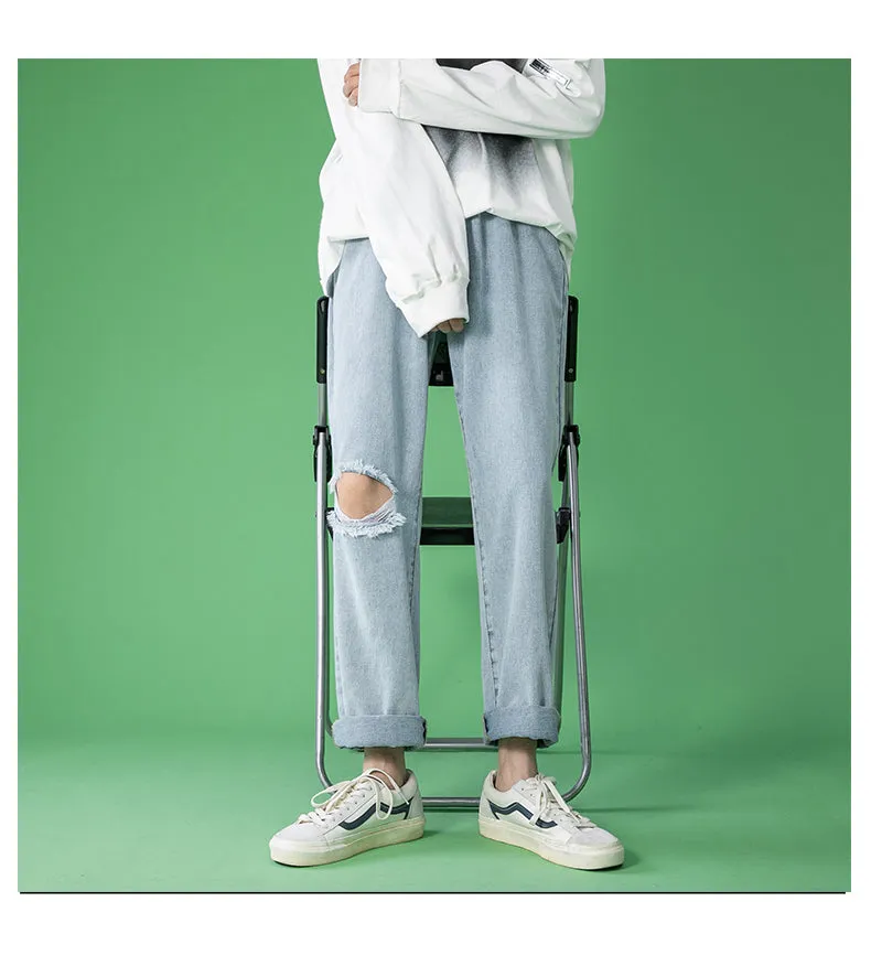 Men's Ripped Wide Leg Jeans Streetwear Baggy Ankle-Length Pants Brand Clothing