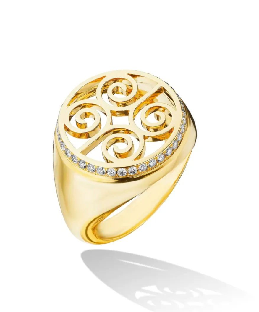 Yellow Gold Signet Pinky Ring Pavé Diamonds