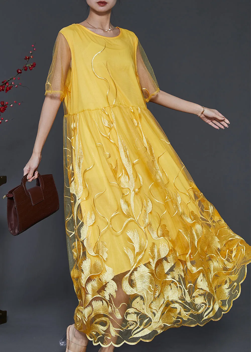 Yellow Hollow Out Tulle Dresses with Embroidery for Summer