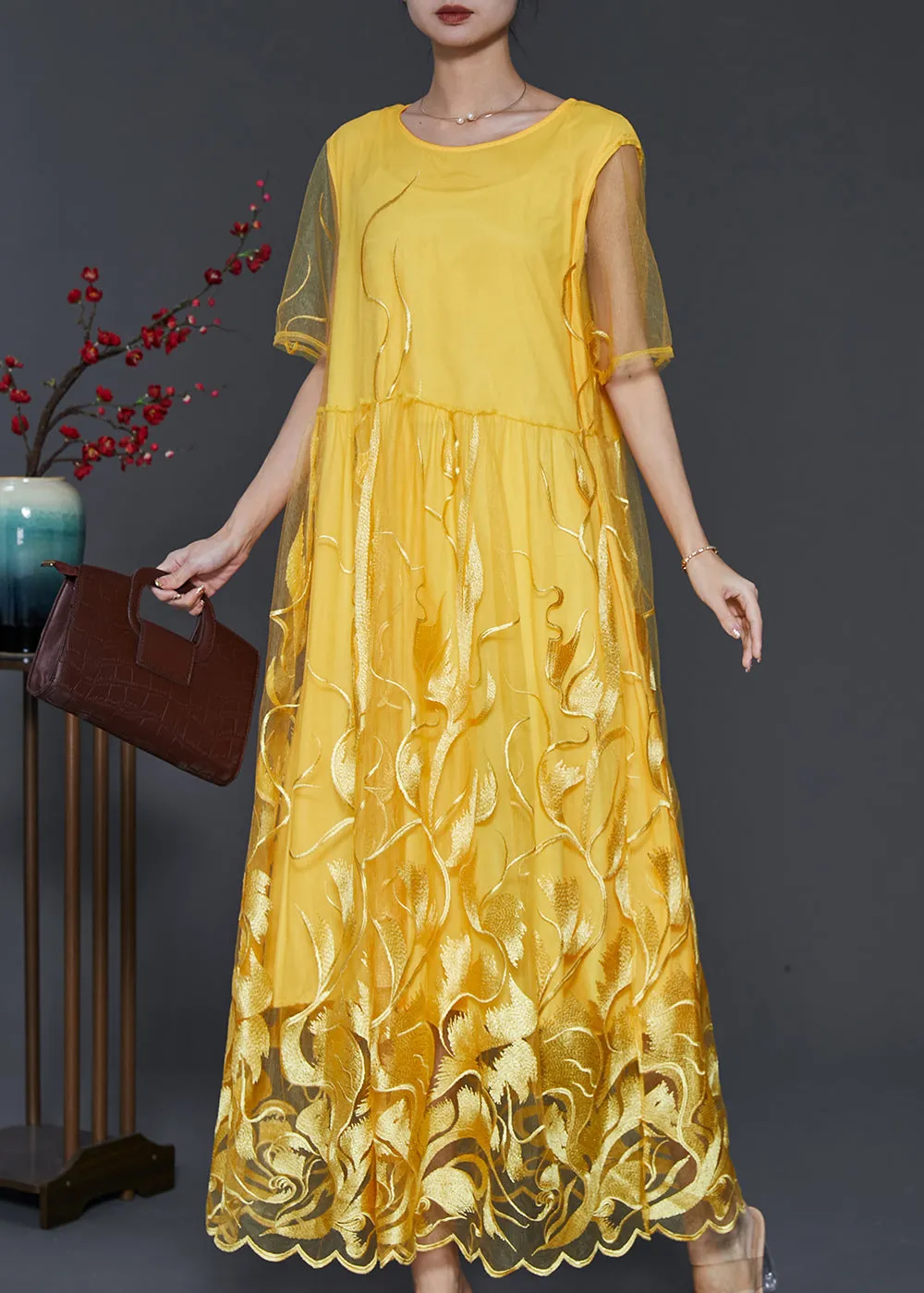 Yellow Hollow Out Tulle Dresses with Embroidery for Summer