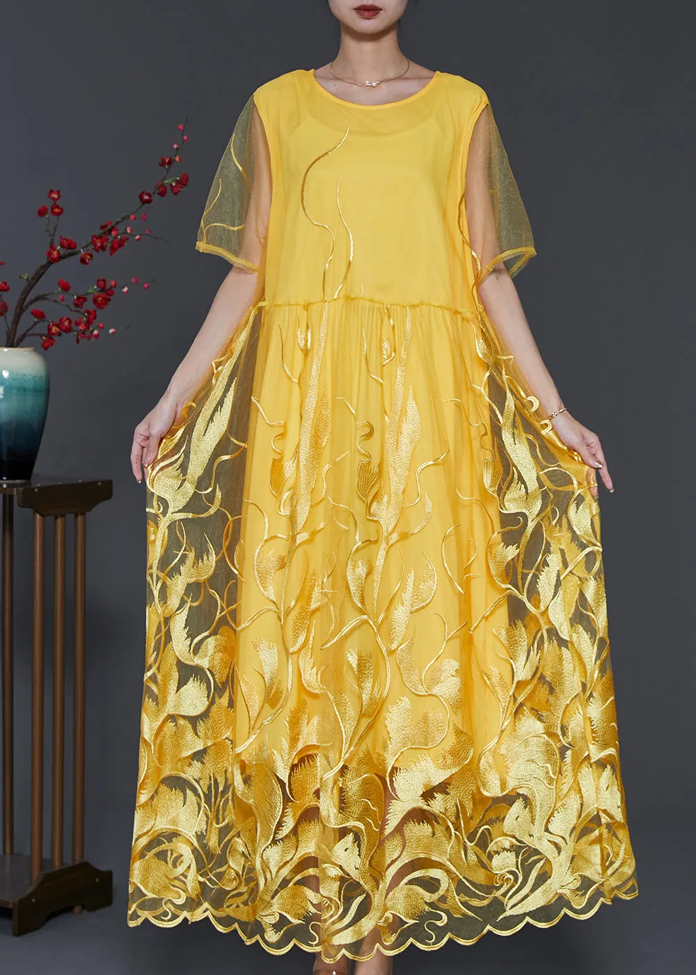 Yellow Hollow Out Tulle Dresses with Embroidery for Summer