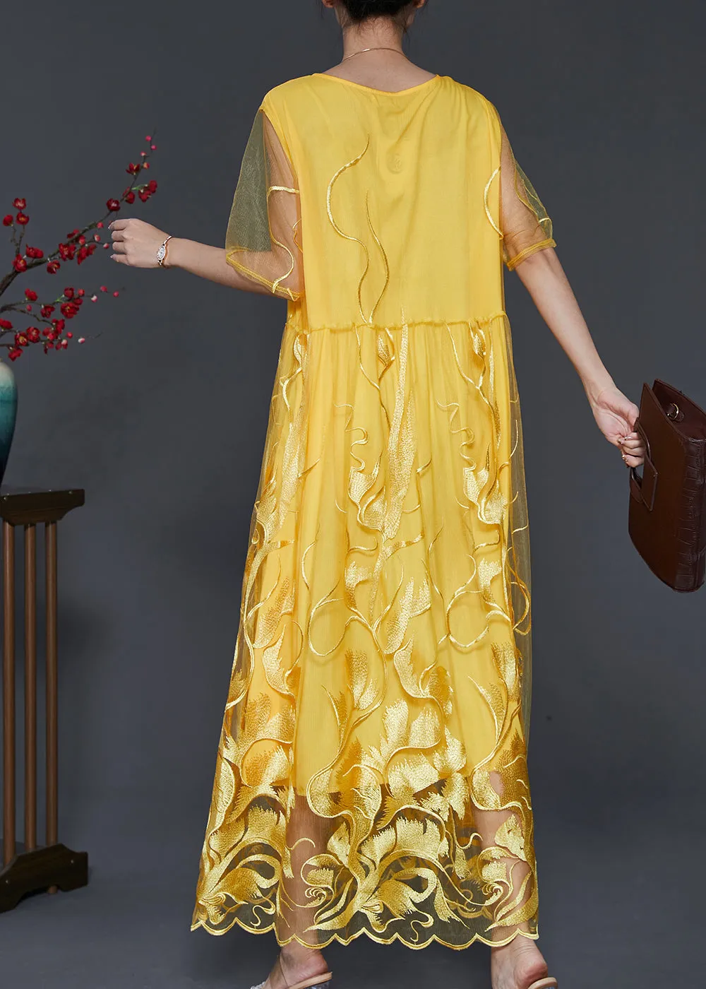 Yellow Hollow Out Tulle Dresses with Embroidery for Summer