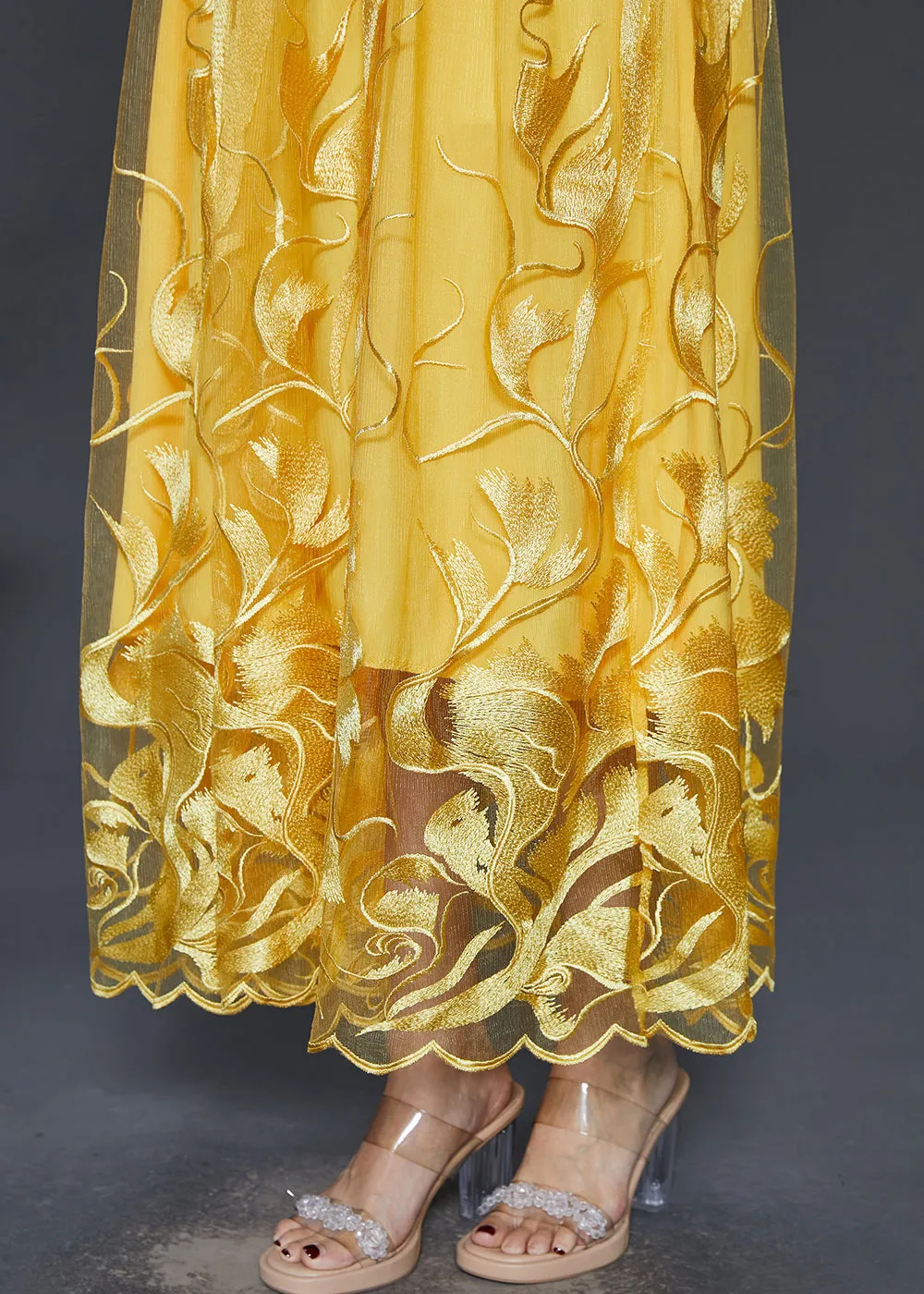 Yellow Hollow Out Tulle Dresses with Embroidery for Summer